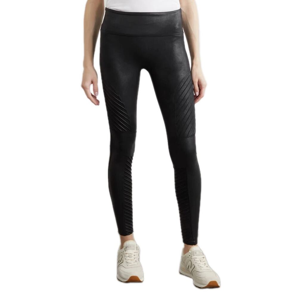SPANX Black Faux Leather Moto Leggings Shaping Stretch 20136R Women's Medium